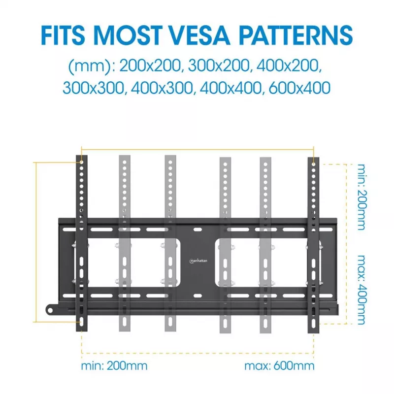 Manhattan āra sienas stiprinājums televizoriem un monitoriem (sasverams, pretzādzību), 37 inch-65 inch, VESA 200x200-600x400mm, līdz 80kg, slēdzams
