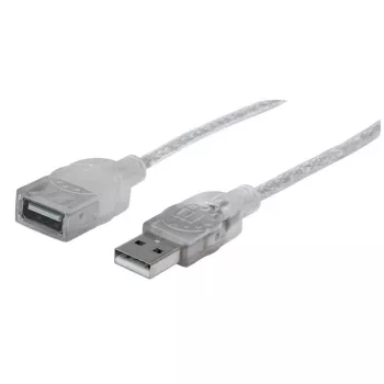 Manhattan USB-A pagarinātājkabelis, 1,8m, vīriešu/sieviešu, 480 Mbps (USB 2.0), Hi-Speed USB, caurspīdīgs sudrabs, mūža garantija