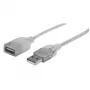 Manhattan USB-A pagarinātājkabelis, 1,8m, vīriešu/sieviešu, 480 Mbps (USB 2.0), Hi-Speed USB, caurspīdīgs sudrabs, mūža garantija