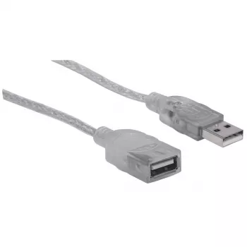 Manhattan USB-A pagarinātājkabelis, 1,8m, vīriešu/sieviešu, 480 Mbps (USB 2.0), Hi-Speed USB, caurspīdīgs sudrabs, mūža garantija