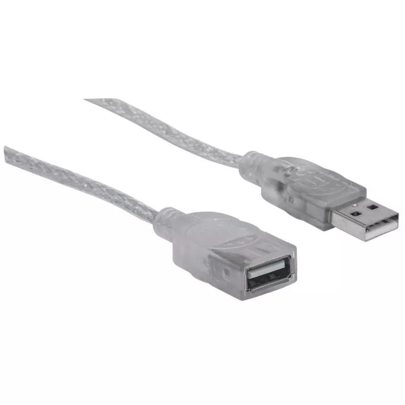 Manhattan USB-A pagarinātājkabelis, 1,8m, vīriešu/sieviešu, 480 Mbps (USB 2.0), Hi-Speed USB, caurspīdīgs sudrabs, mūža garantija