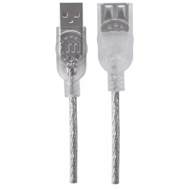 Manhattan USB-A pagarinātājkabelis, 1,8m, vīriešu/sieviešu, 480 Mbps (USB 2.0), Hi-Speed USB, caurspīdīgs sudrabs, mūža garantija