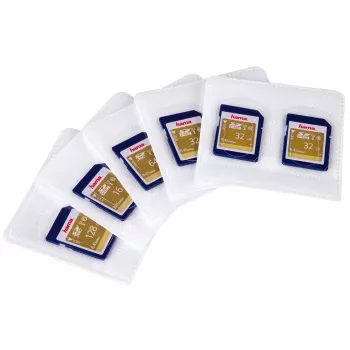 Hama pašlīmējošās SD kabatiņas, 5 iepakojumā, MMC, SD, 2 kartes, polipropilēns (PP), caurspīdīgas, balta, 75 mm, 70 mm