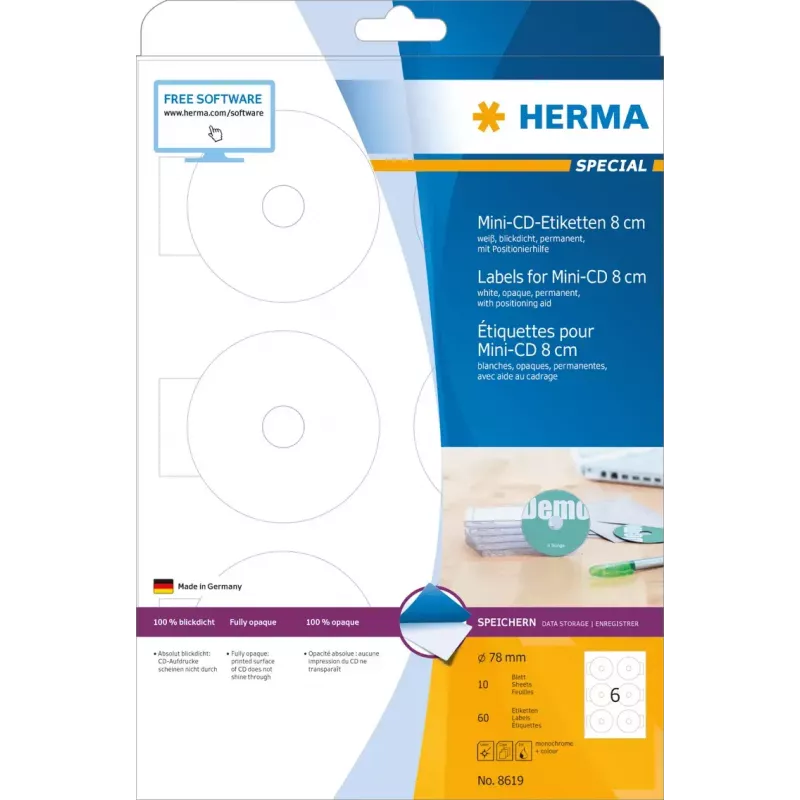 Pašlīmējošās etiķetes HERMA CD Mini A4 Ø 78 mm, 60 gab.