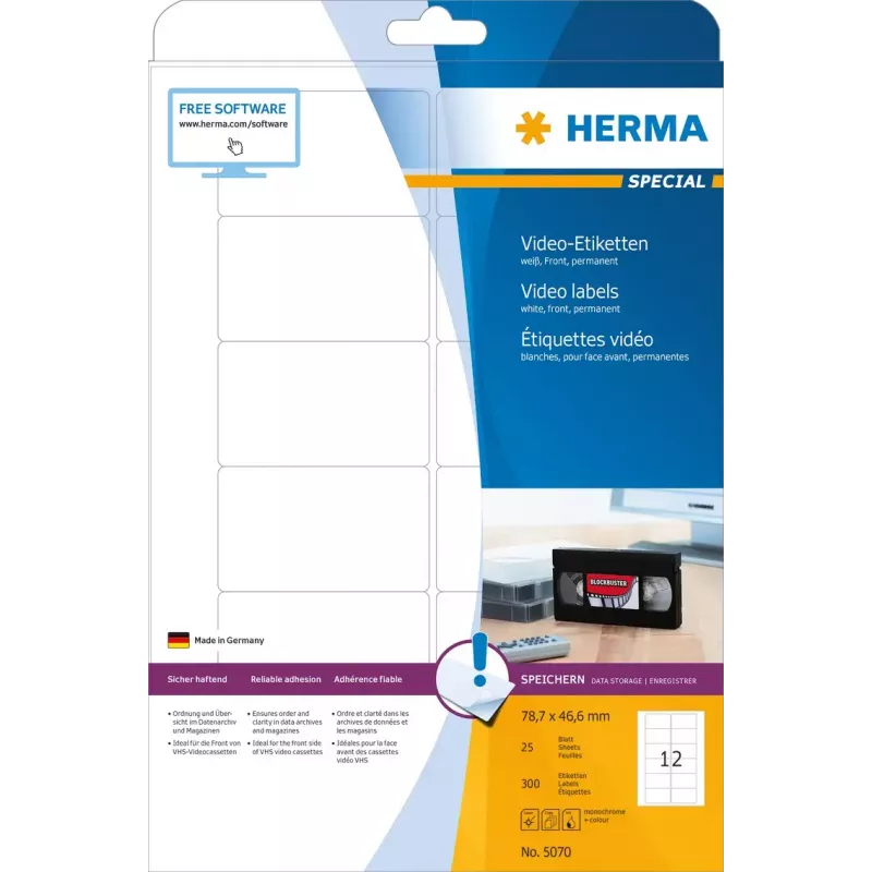 Pašlīmējošas printera etiķetes HERMA Video A4 78,7x46,6 mm