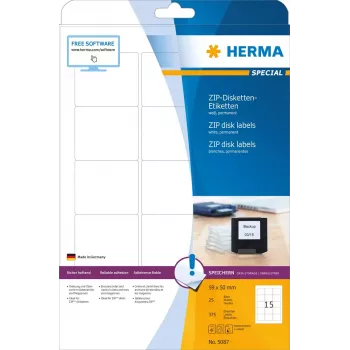 Uzlīmes HERMA ZIP disketēm A4 59x50 mm balts matēts papīrs 375 gab.