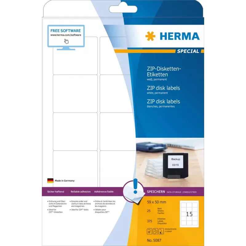 Uzlīmes HERMA ZIP disketēm A4 59x50 mm balts matēts papīrs 375 gab.