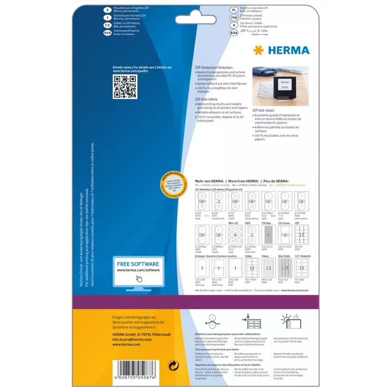 Uzlīmes HERMA ZIP disketēm A4 59x50 mm balts matēts papīrs 375 gab.