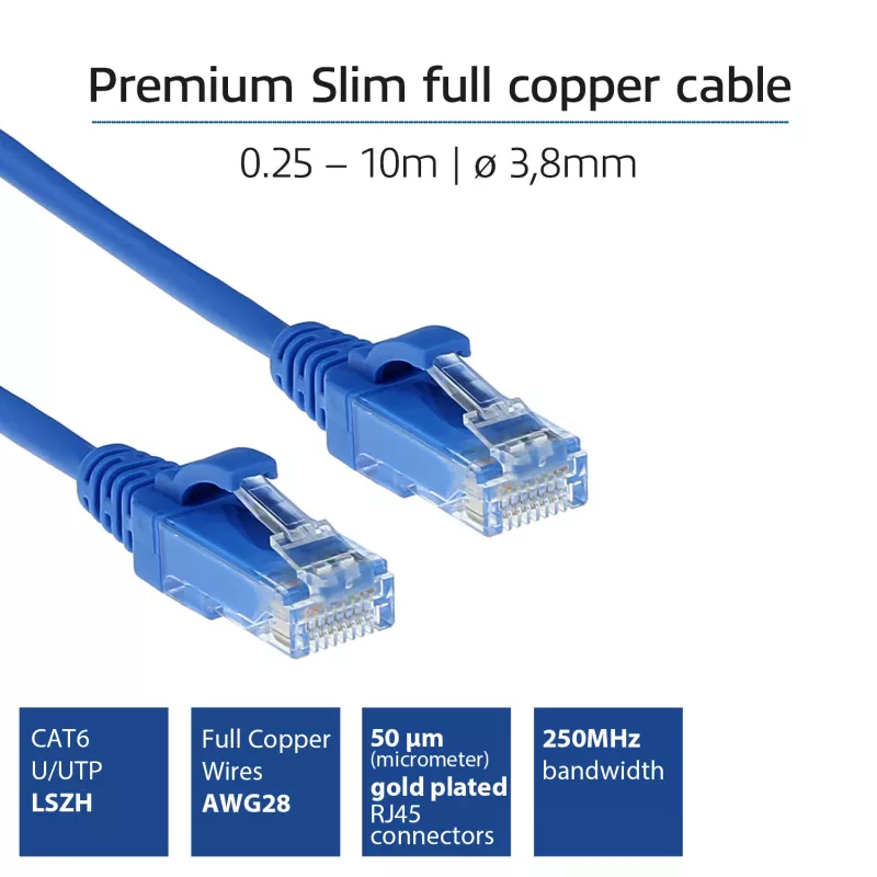 ACT Blue 1m LSZH U/UTP CAT6 datacentra plānais patch kabelis ar snagless RJ45 savienotājiem