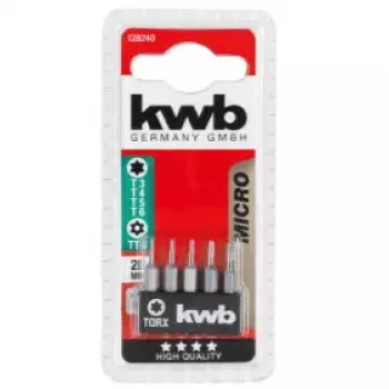 Skrūvgriežu uzgaļu komplekts KWB 128240 — 5 gab. Torx uzgaļi T3 T4 T5 T6 T8, 28 mm