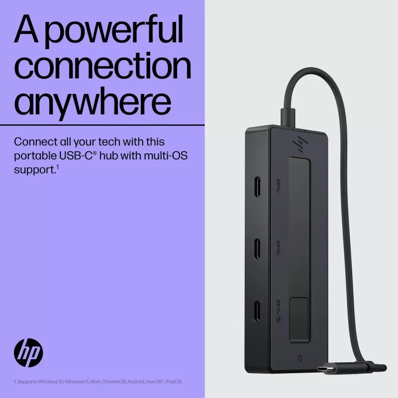 HP 4K USB-C daudzportu centrmezgls, USB Type-C, 10000 Mbit/s, 3840 x 2160, Melns, 65 W