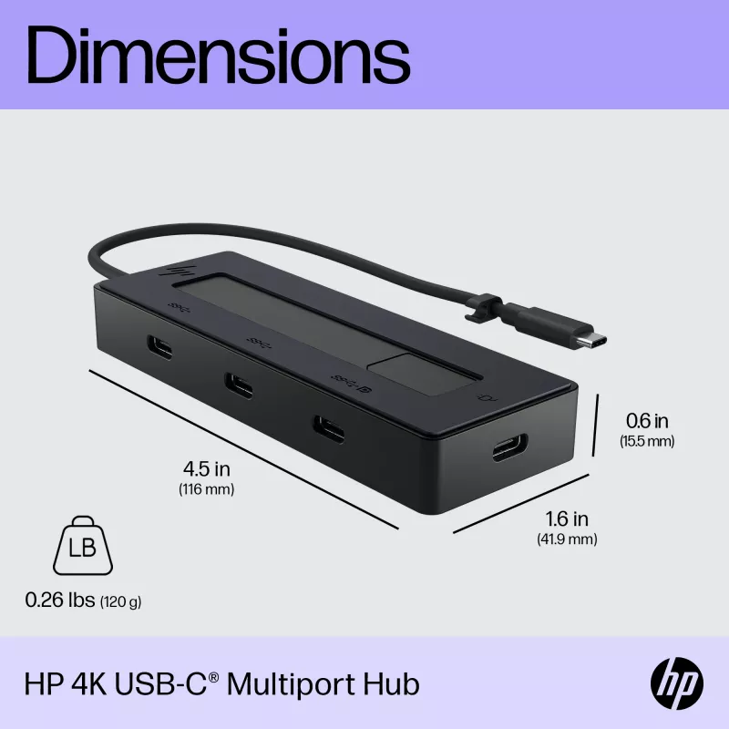HP 4K USB-C daudzportu centrmezgls, USB Type-C, 10000 Mbit/s, 3840 x 2160, Melns, 65 W
