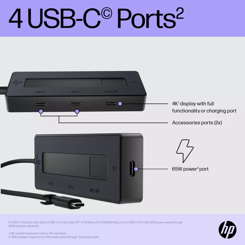 HP 4K USB-C daudzportu centrmezgls, USB Type-C, 10000 Mbit/s, 3840 x 2160, Melns, 65 W