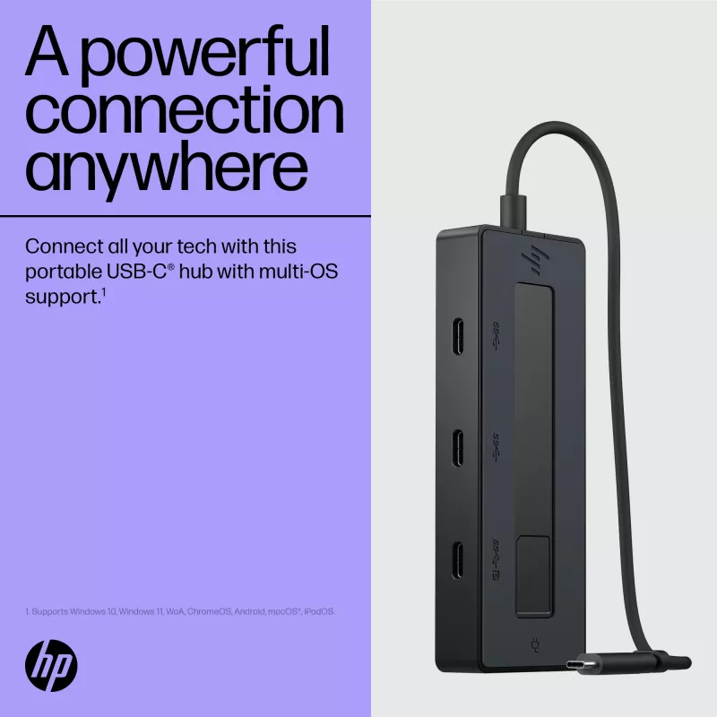 HP 4K USB-C daudzportu centrmezgls, USB Type-C, 10000 Mbit/s, 3840 x 2160, Melns, 65 W