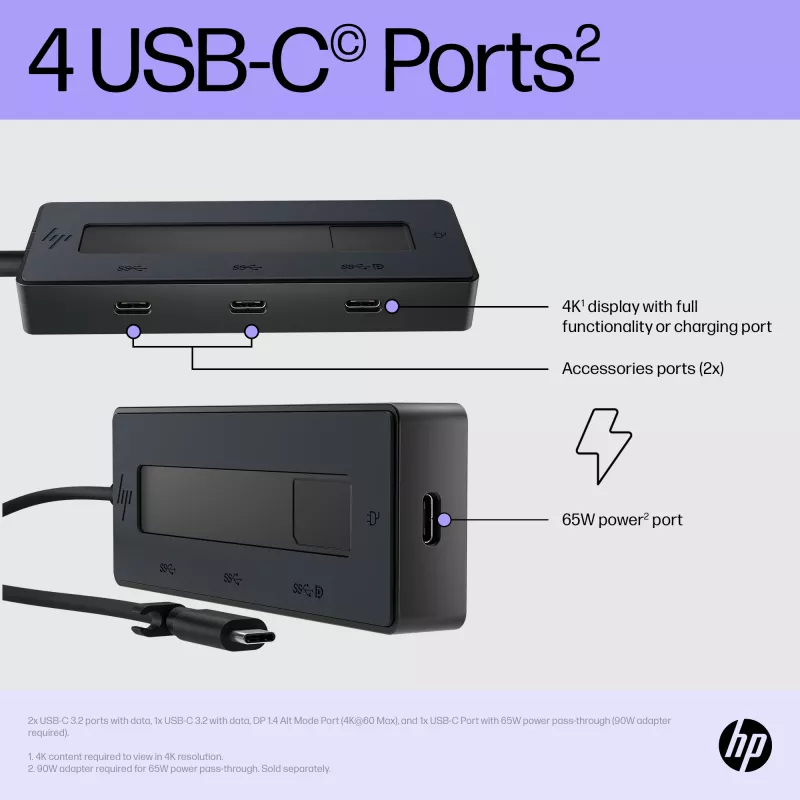 HP 4K USB-C daudzportu centrmezgls, USB Type-C, 10000 Mbit/s, 3840 x 2160, Melns, 65 W