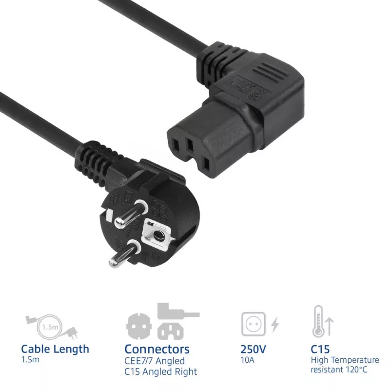 ACT strāvas vads CEE 7/7 leņķa (vīrišķais) - C15 leņķa (labais) IEC60320 melns 1,5 m
