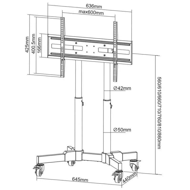 Manhattan zemais statīvs uz riteņiem televizoriem un monitoriem, 37–65 collas, VESA 200x200–600x400 mm, 40 kg, 45° slīpums