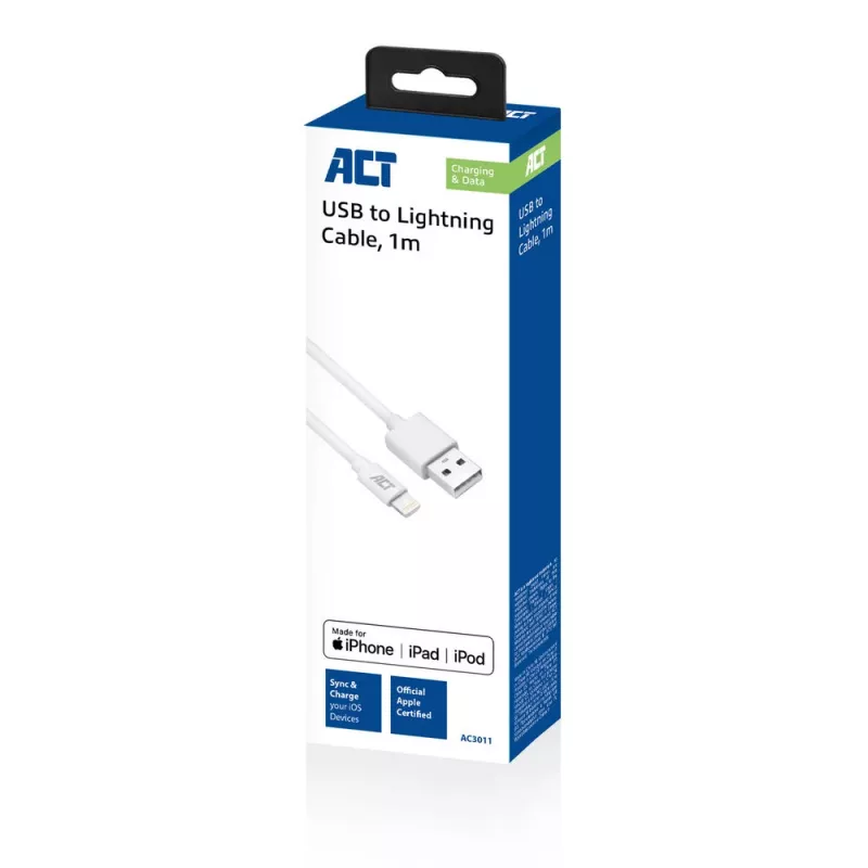 ACT USB 2.0 uzlādes/datu kabelis A-Lightning 1m, MFi sertificēts