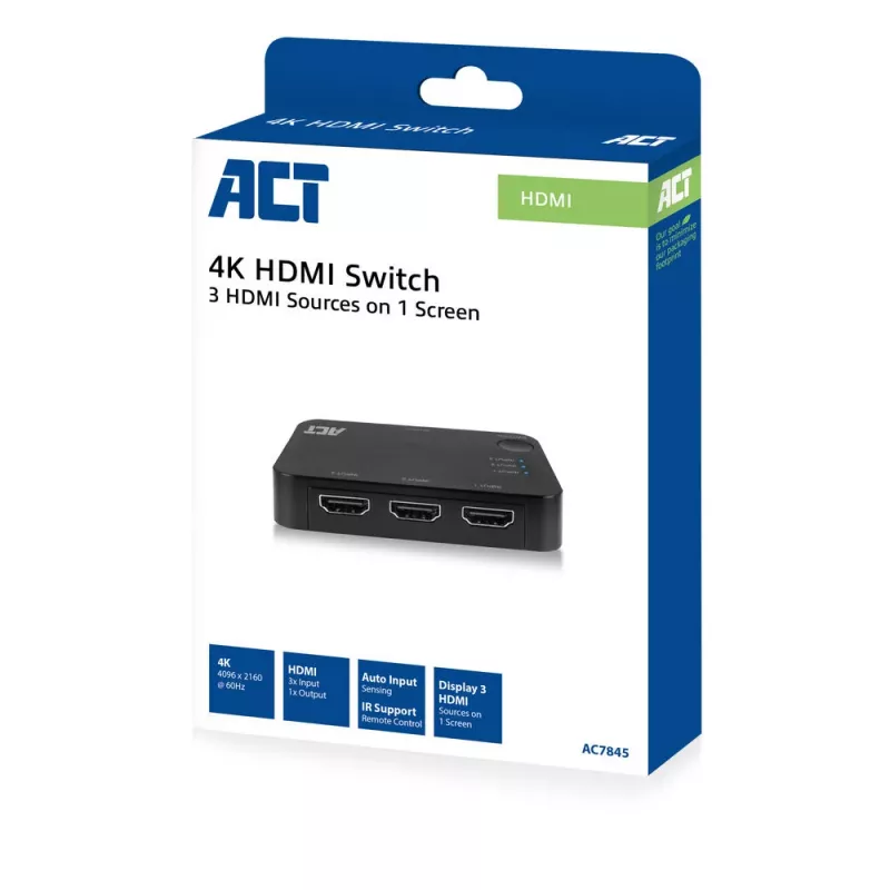 ACT 4K HDMI Switch 3x1 Melns 60Hz 1920x1080 3840x2160