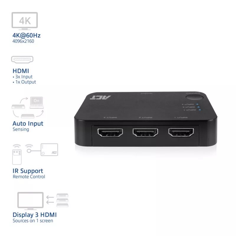ACT 4K HDMI Switch 3x1 Melns 60Hz 1920x1080 3840x2160