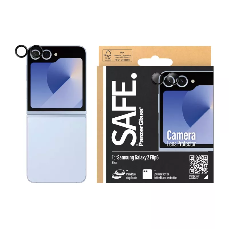 Kameras lēcu aizsargs PanzerGlass SAFE. Samsung Galaxy Z Flip6 melns, pret skrāpējumiem un triecieniem