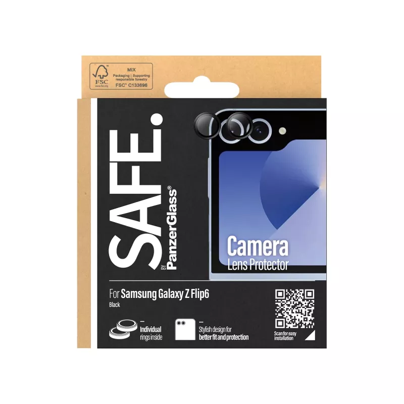 Kameras lēcu aizsargs PanzerGlass SAFE. Samsung Galaxy Z Flip6 melns, pret skrāpējumiem un triecieniem