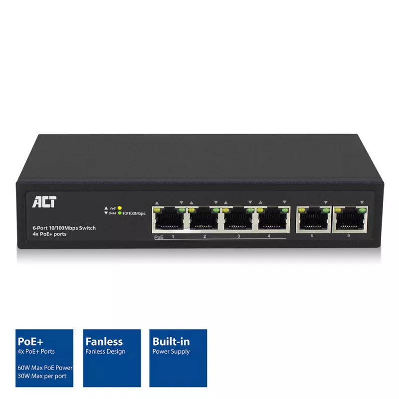 ACT AC4430 6 portu tīkla slēdzis, 10/100Mbps, 4x PoE+ (30W)
