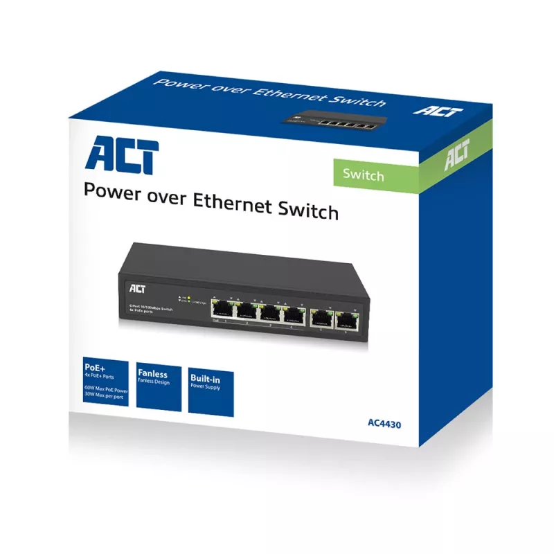 ACT AC4430 6 portu tīkla slēdzis, 10/100Mbps, 4x PoE+ (30W)