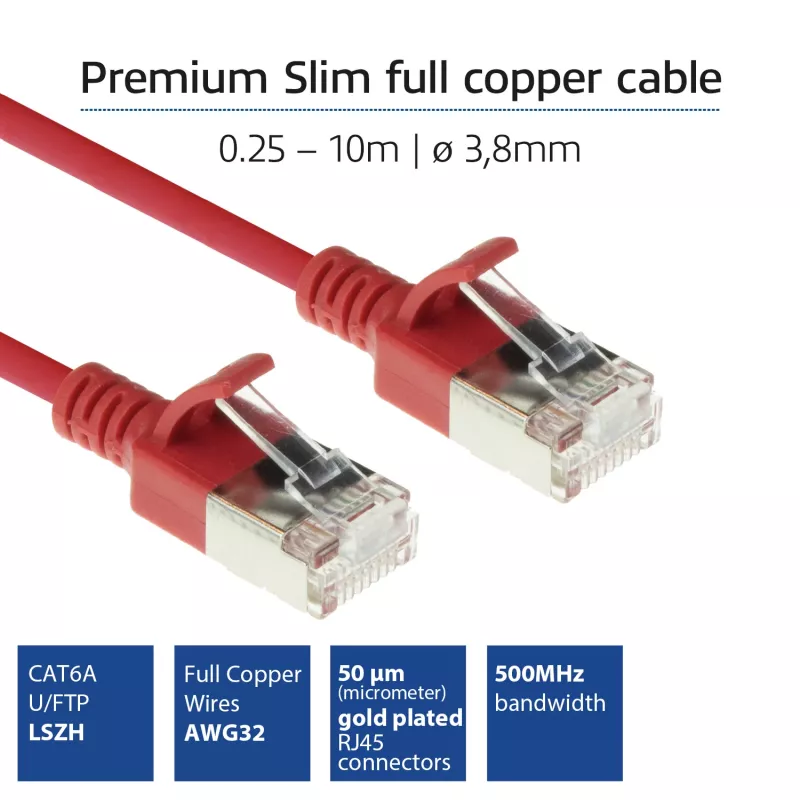 ACT sarkans 3 metru LSZH U/FTP CAT6A datacentra tievais plākstera kabelis ar aizsargvāciņiem un RJ45 savienotājiem