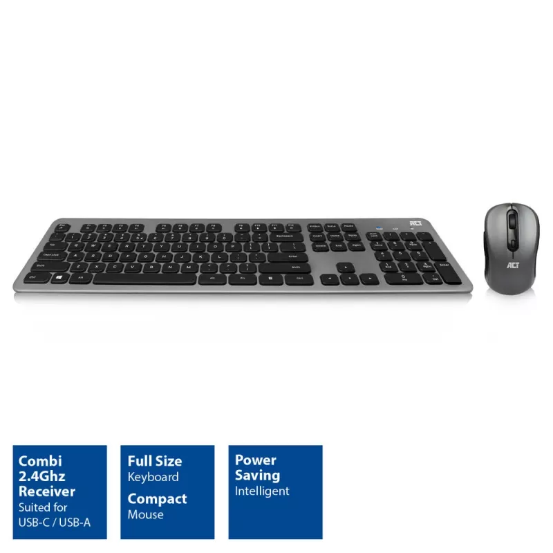 Bezvadu tastatūras un peles komplekts ACT, USB-C/USA-A kombinētais uztvērējs (Qwerty/US izkārtojums)
