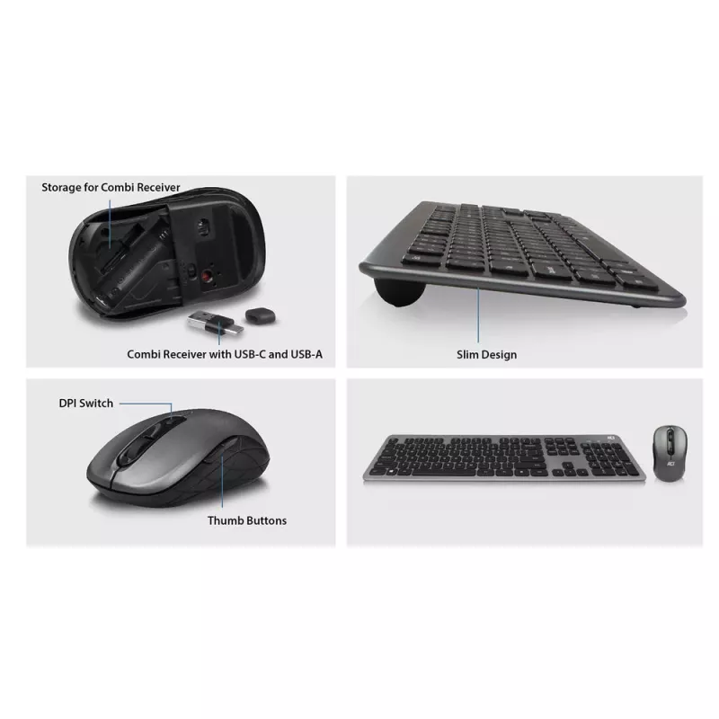 Bezvadu tastatūras un peles komplekts ACT, USB-C/USA-A kombinētais uztvērējs (Qwerty/US izkārtojums)