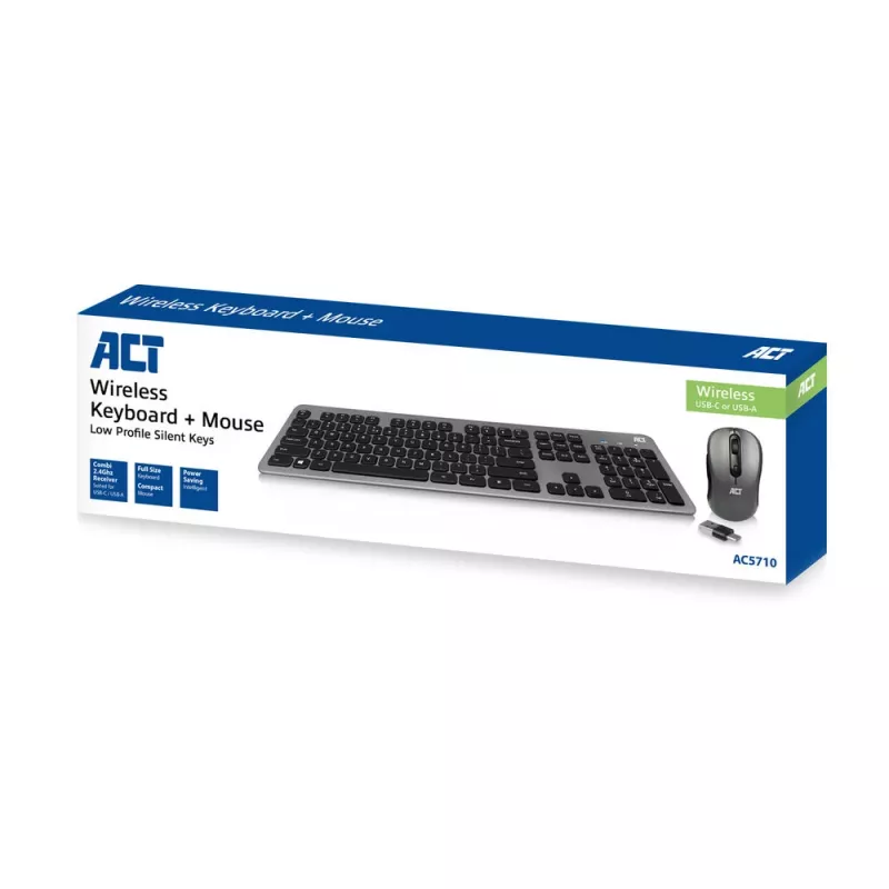 Bezvadu tastatūras un peles komplekts ACT, USB-C/USA-A kombinētais uztvērējs (Qwerty/US izkārtojums)