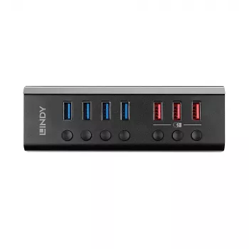 Lindy 4 Portu USB 3.0 Hubs ar 3 Quick Charge 3.0 Portiem
