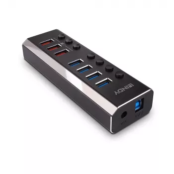 Lindy 4 Portu USB 3.0 Hubs ar 3 Quick Charge 3.0 Portiem