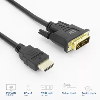 ACT AK3734 video kabeļa adapteris 1 m HDMI Type A (Standard) – DVI-D melns