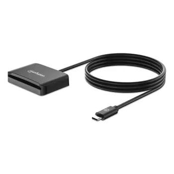 Manhattan USB-C kontaktpersonu viedkaršu lasītājs ar microSD slotu, USB Type-C vīriešu savienotājs, atbalsta Windows, macOS un Linux, lasa SIM kartes ar adapteri, kabelis 1m, melns, trīs gadu garantija