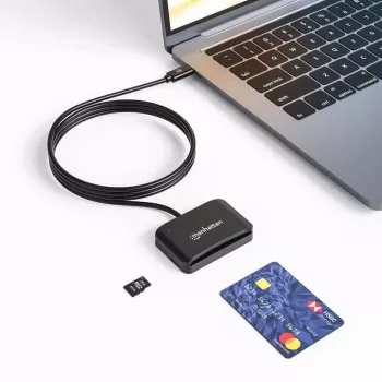 Manhattan USB-C kontaktpersonu viedkaršu lasītājs ar microSD slotu, USB Type-C vīriešu savienotājs, atbalsta Windows, macOS un Linux, lasa SIM kartes ar adapteri, kabelis 1m, melns, trīs gadu garantija