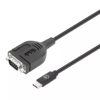 Manhattan USB-C uz Serial Converter kabelis, 1m, Vīrietis uz Vīrieti, Serial/RS232/COM/DB9, Prolific PL2303GT Mikroshēma, Melns kabelis, Trīs Gadu Garantija