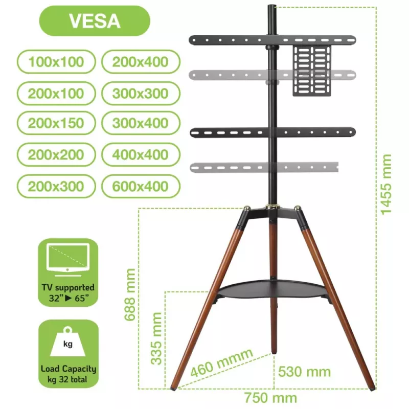 Techly ICA-TR58 TV statīvs/grīdas stiprinājums 165.1 cm (65 collas) Melns, Koks
