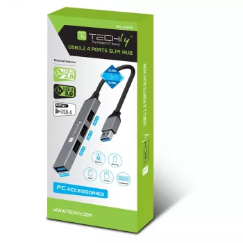 Techly IUSB32-HUB4A-3U2SLS USB centrmezgls / dokstacija, vadu, USB 3.2 Gen 1 Type-A, pelēks