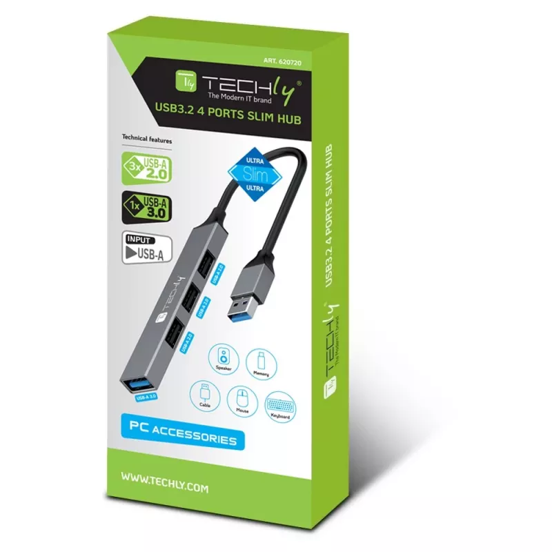Techly IUSB32-HUB4A-3U2SLS USB centrmezgls / dokstacija, vadu, USB 3.2 Gen 1 Type-A, pelēks