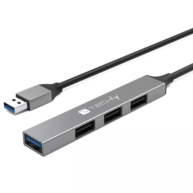 Techly IUSB32-HUB4A-3U2SLS USB centrmezgls / dokstacija, vadu, USB 3.2 Gen 1 Type-A, pelēks