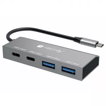 Techly IUSB32C-HUB4AC2 USB-C centrmezgls / dokstacija, 4 porti, 10 Gbps, metāls, sudrabs