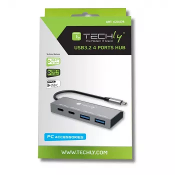 Techly IUSB32C-HUB4AC2 USB-C centrmezgls / dokstacija, 4 porti, 10 Gbps, metāls, sudrabs