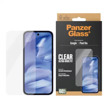 Aizsargstikls PanzerGlass Google Pixel 10a 5G — Ultra-Wide Fit, PET, izturīgs pret skrāpējumiem un triecieniem, caurspīdīgs
