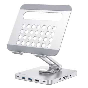 Techly 8-in-1 USB-C centrmezgla dokstacija ar planšetes statīvu, sudraba, alumīnijs, 360°, USB 3.2 Gen 1 Type-C, 5000 Mbit/s