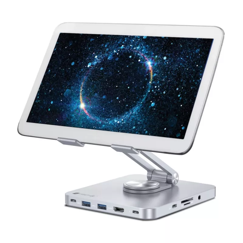 Techly 8-in-1 USB-C centrmezgla dokstacija ar planšetes statīvu, sudraba, alumīnijs, 360°, USB 3.2 Gen 1 Type-C, 5000 Mbit/s