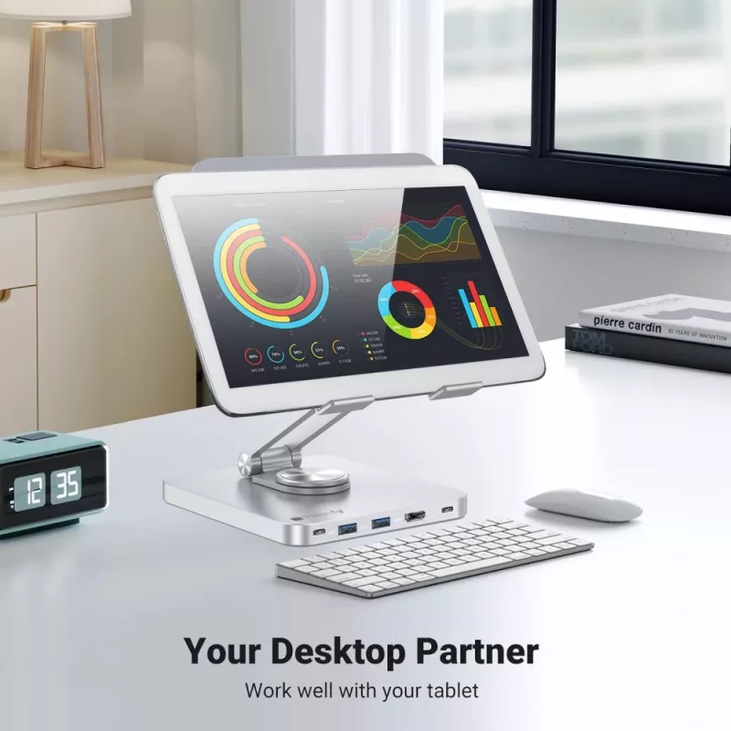 Techly 8-in-1 USB-C centrmezgla dokstacija ar planšetes statīvu, sudraba, alumīnijs, 360°, USB 3.2 Gen 1 Type-C, 5000 Mbit/s