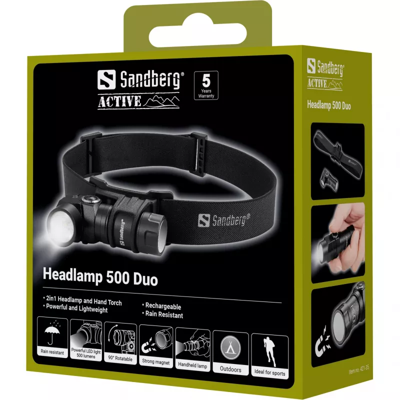 Sandberg Headlamp 500 Duo galvaslampa, melna, alumīnijs, IP44, LED, 25 lm