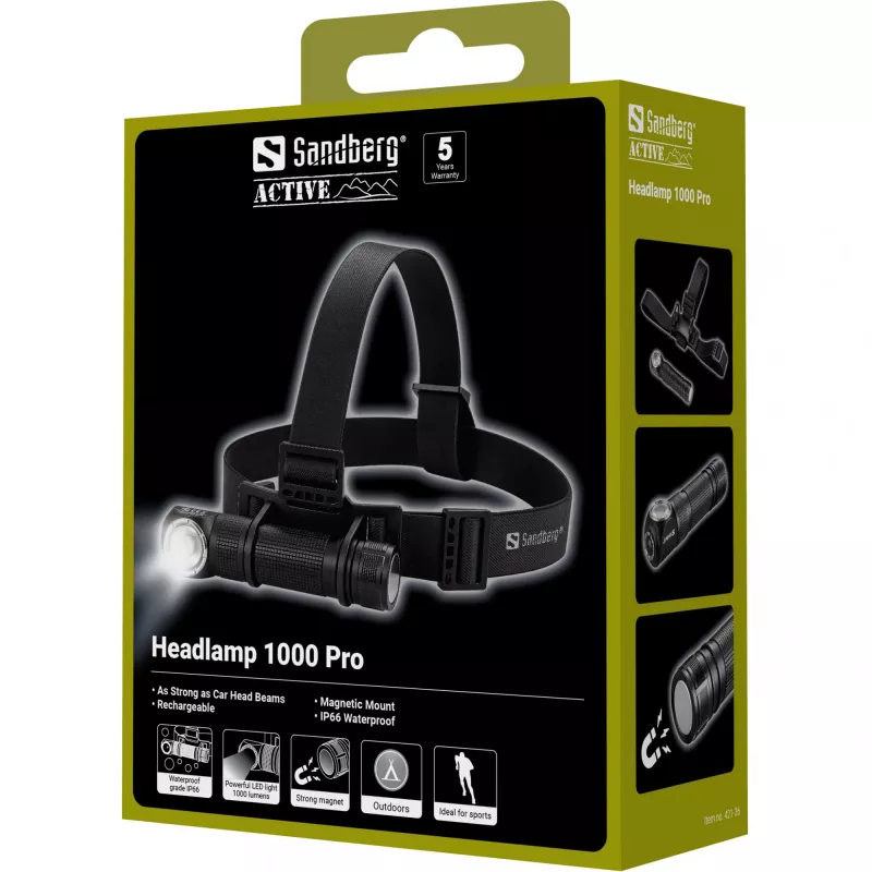 Sandberg Headlamp 1000 Pro, galvaslampa ar lenti, melna, alumīnijs, IP66, LED, 25 lm